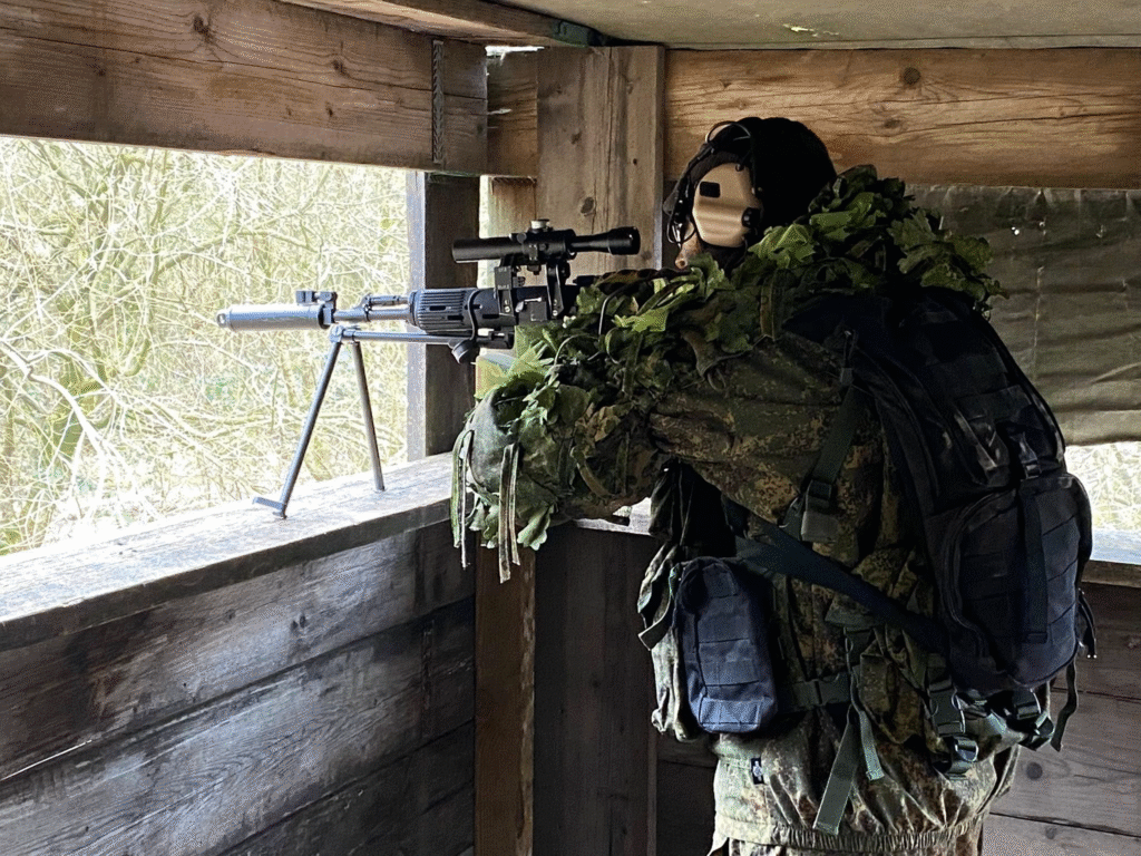 Airsoft sniper taking position in a window at The Kingdom