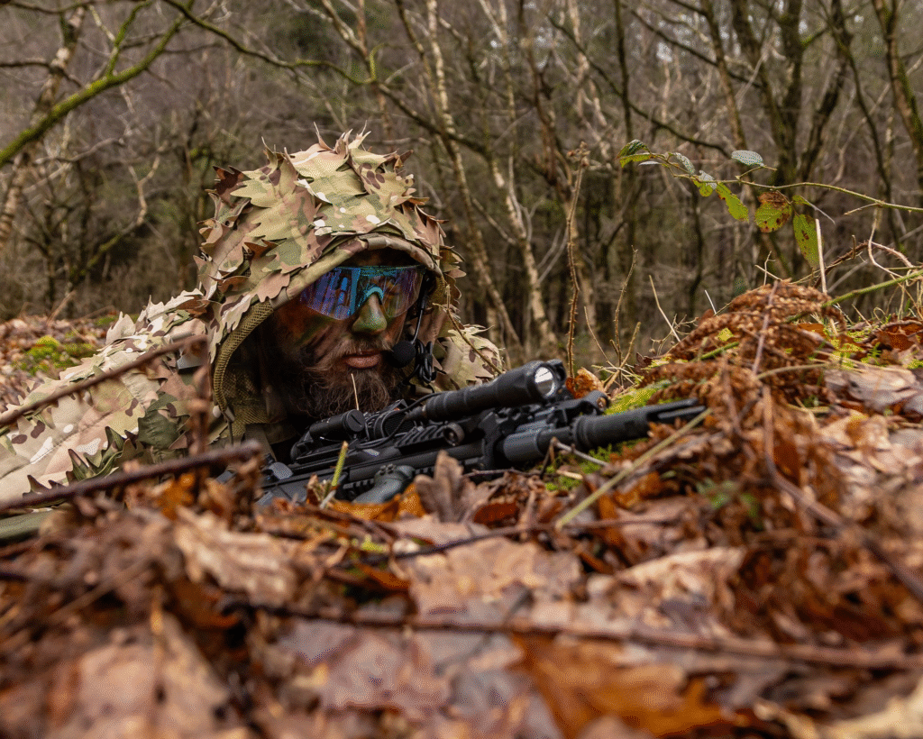 Airsoft player moving stealthily at The Kingdom