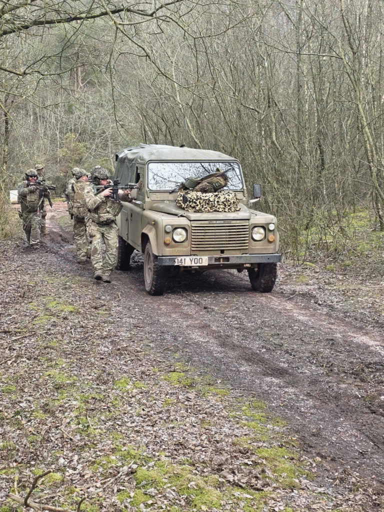 Airsoft players with a Land Rover at The Kingdom