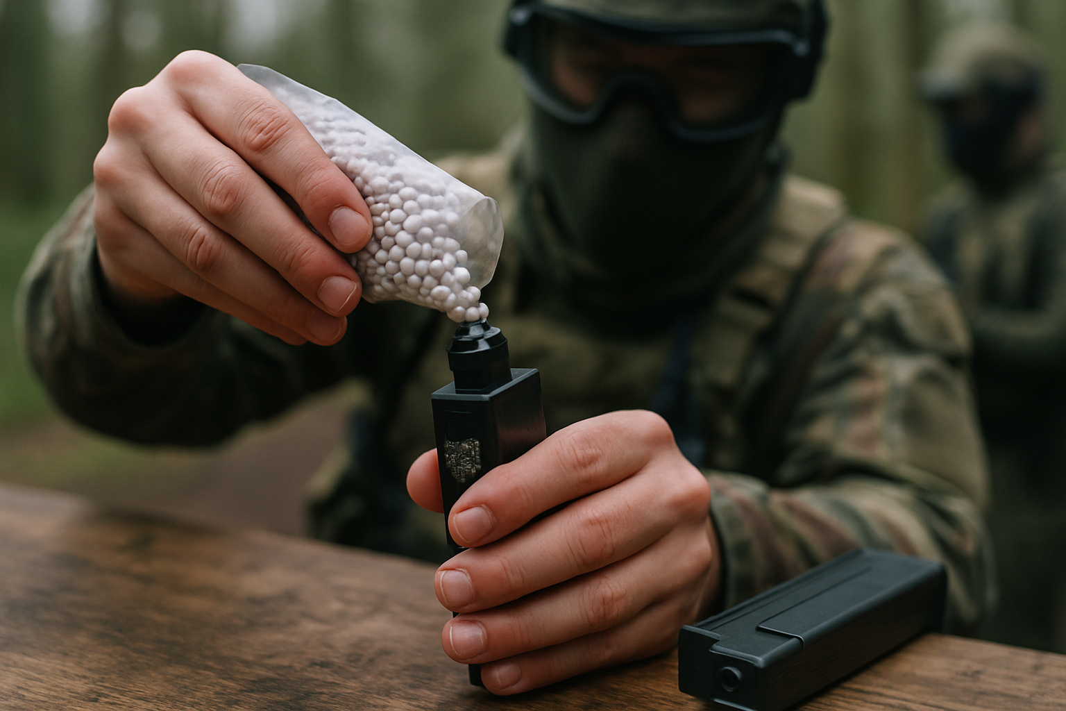 Close-up of 6mm plastic BBs being loaded into a speedloader beside a magazine