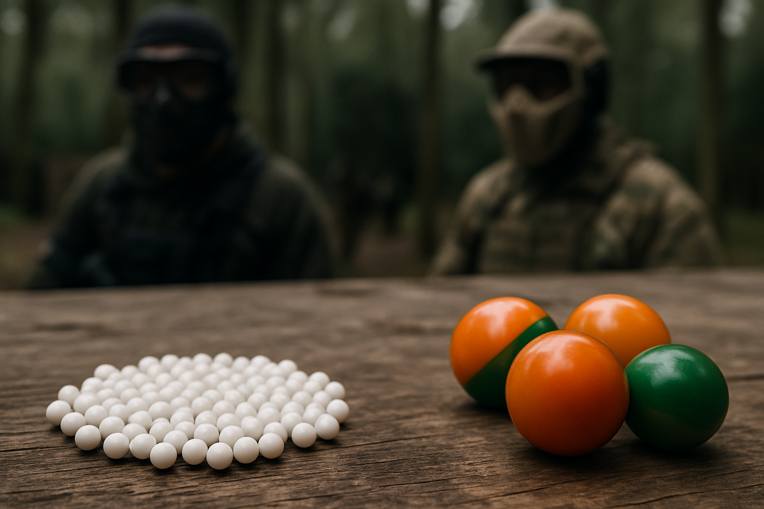 A pile of small 6mm plastic airsoft BBs next to larger paintballs on a wooden surface, showing the size difference