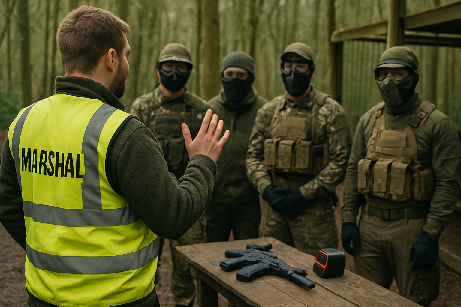 An airsoft marshal giving a safety briefing to a group of new players at a woodland site before a game