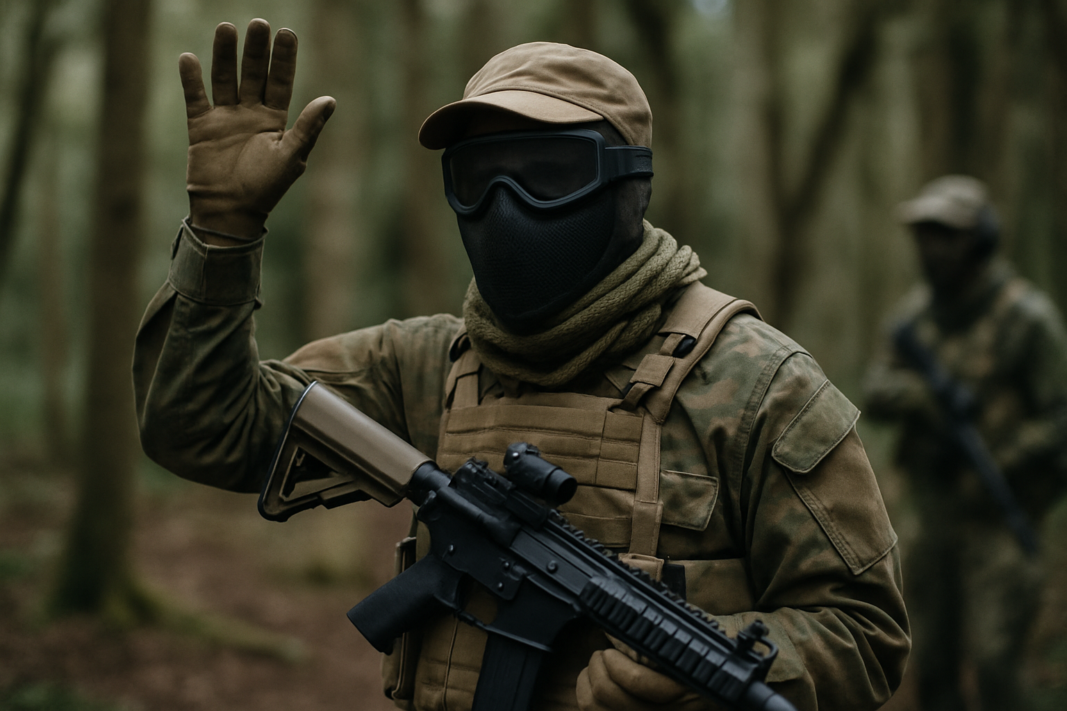 An airsoft player raising a hand to call a hit during a woodland game