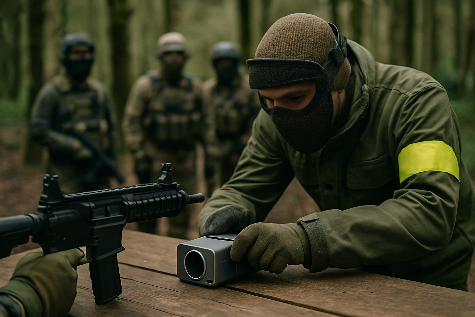 An airsoft replica being tested for power on a chronograph at a site safety table