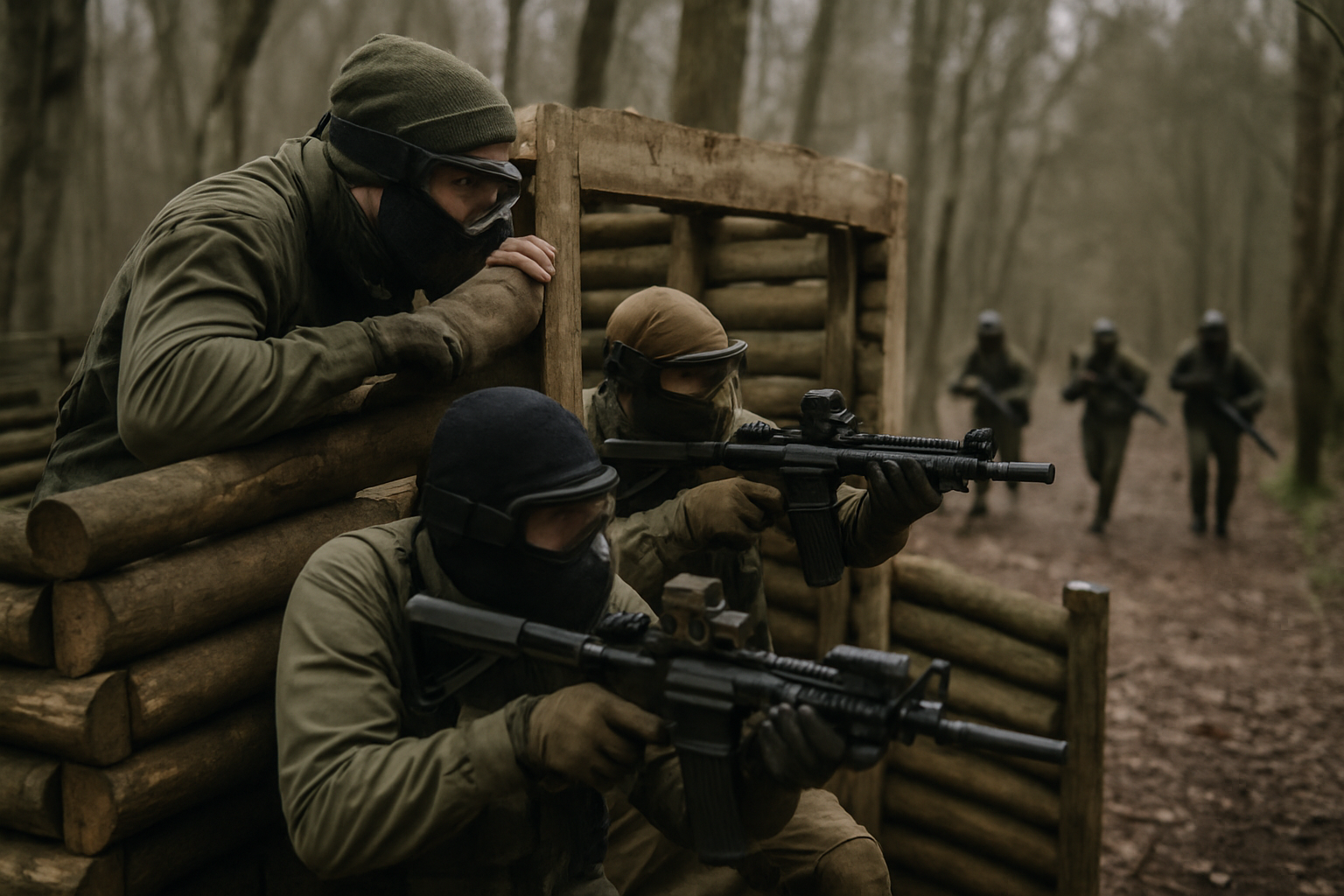 Airsoft players defending a wooden fort structure during a woodland game