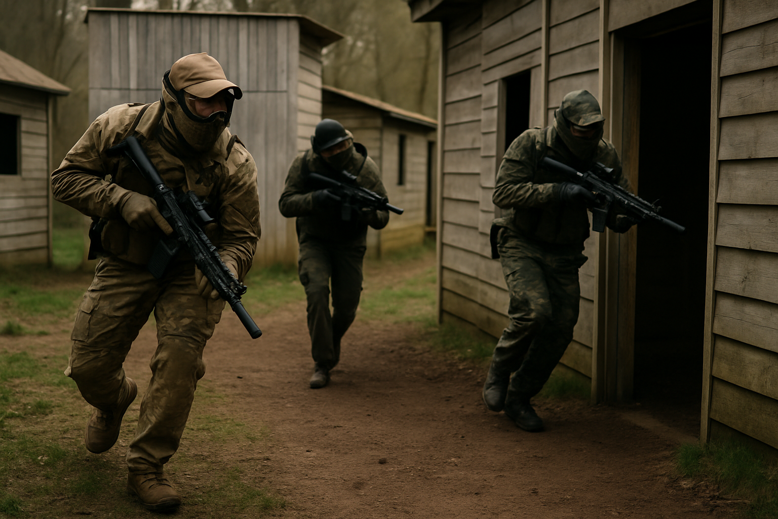 A Day at The Kingdom: What to Expect at Our Airsoft Site 2 Airsoft players moving carefully through a built-up village game zone with wooden buildings