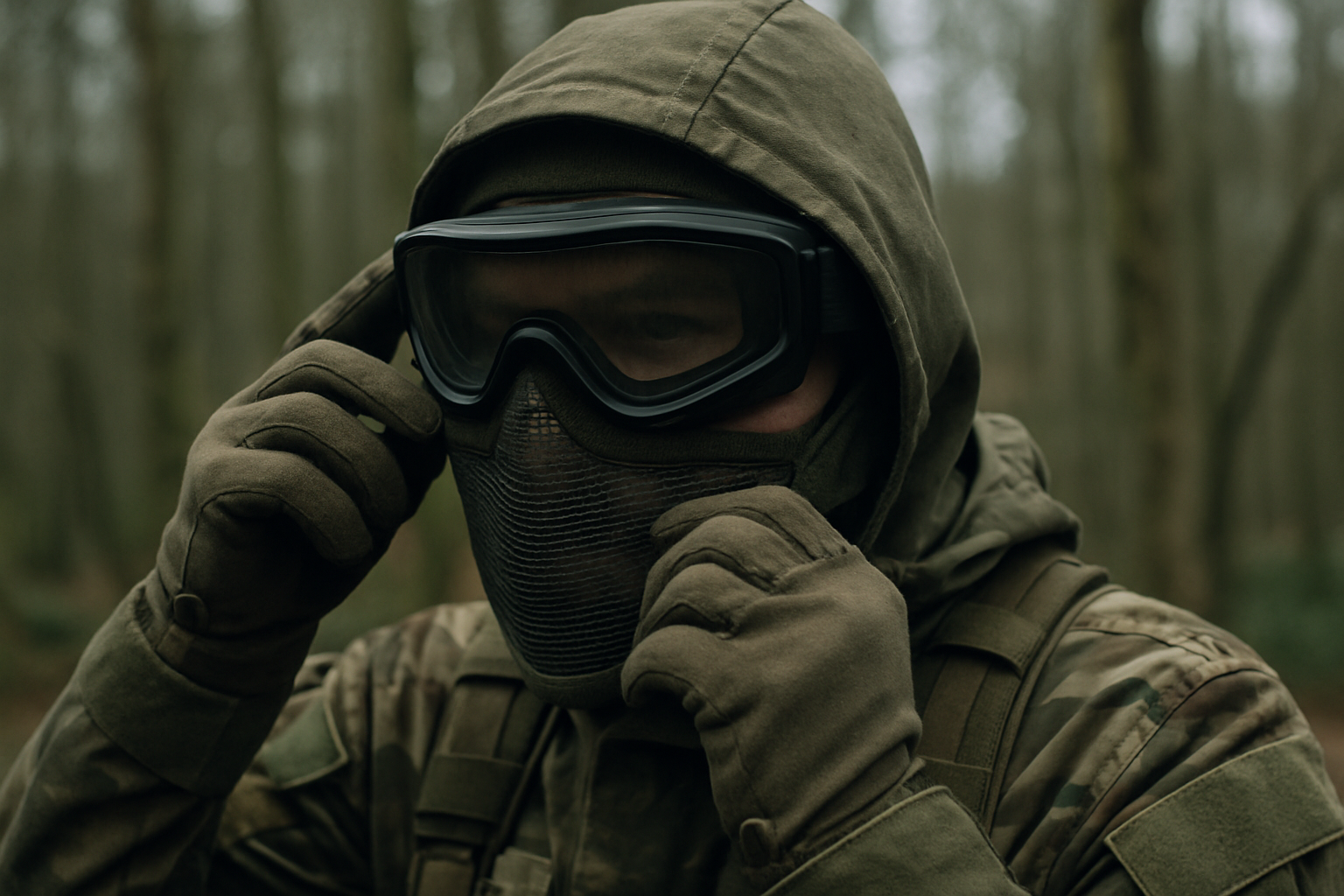What to Wear and Bring to Airsoft: A First-Timer Checklist 2 An airsoft player adjusting full-seal goggles and a mesh face mask before a game in woodland