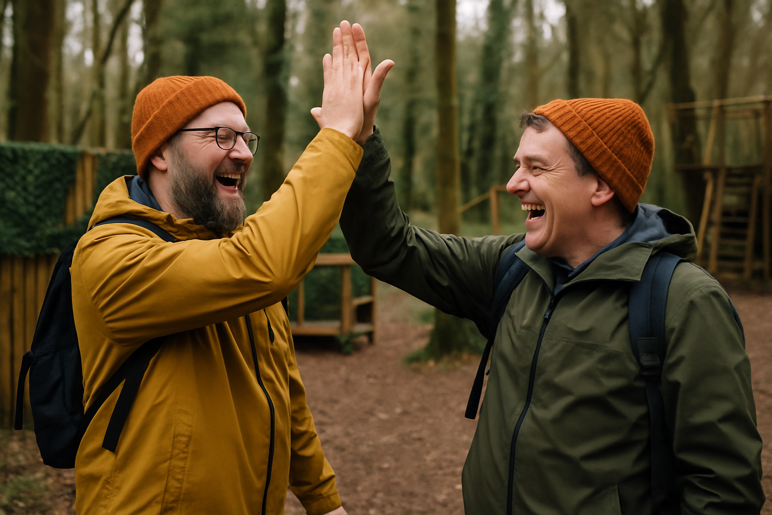 Airsoft Birthday Parties and Group Days Out in the Midlands 2 Two friends in outdoor gear high-fiving and celebrating after an airsoft game in woodland