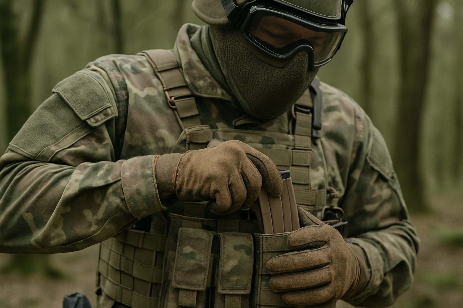 Close shot of an airsoft player in a chest rig loading a mid-cap magazine