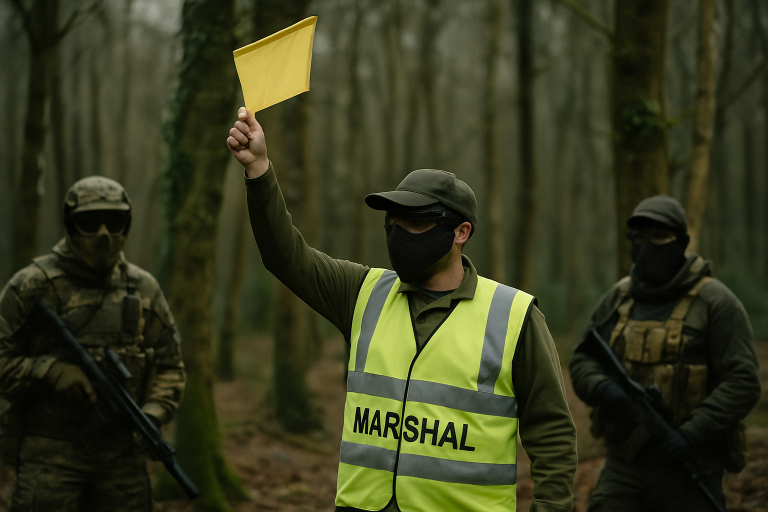An airsoft marshal in a hi-vis top raising a flag to signal during a game