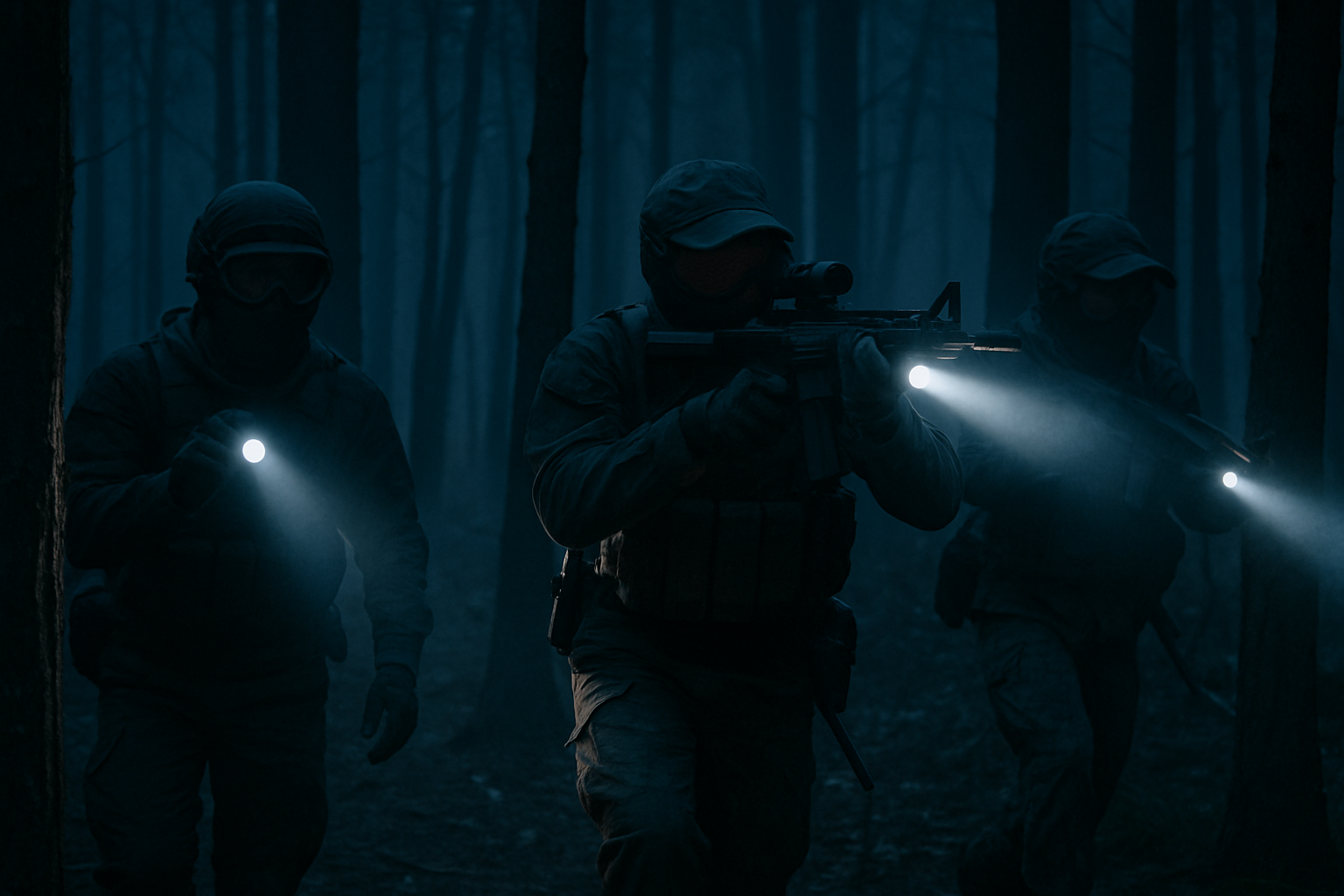 Airsoft players during a night game in woodland with torch beams cutting through the dark