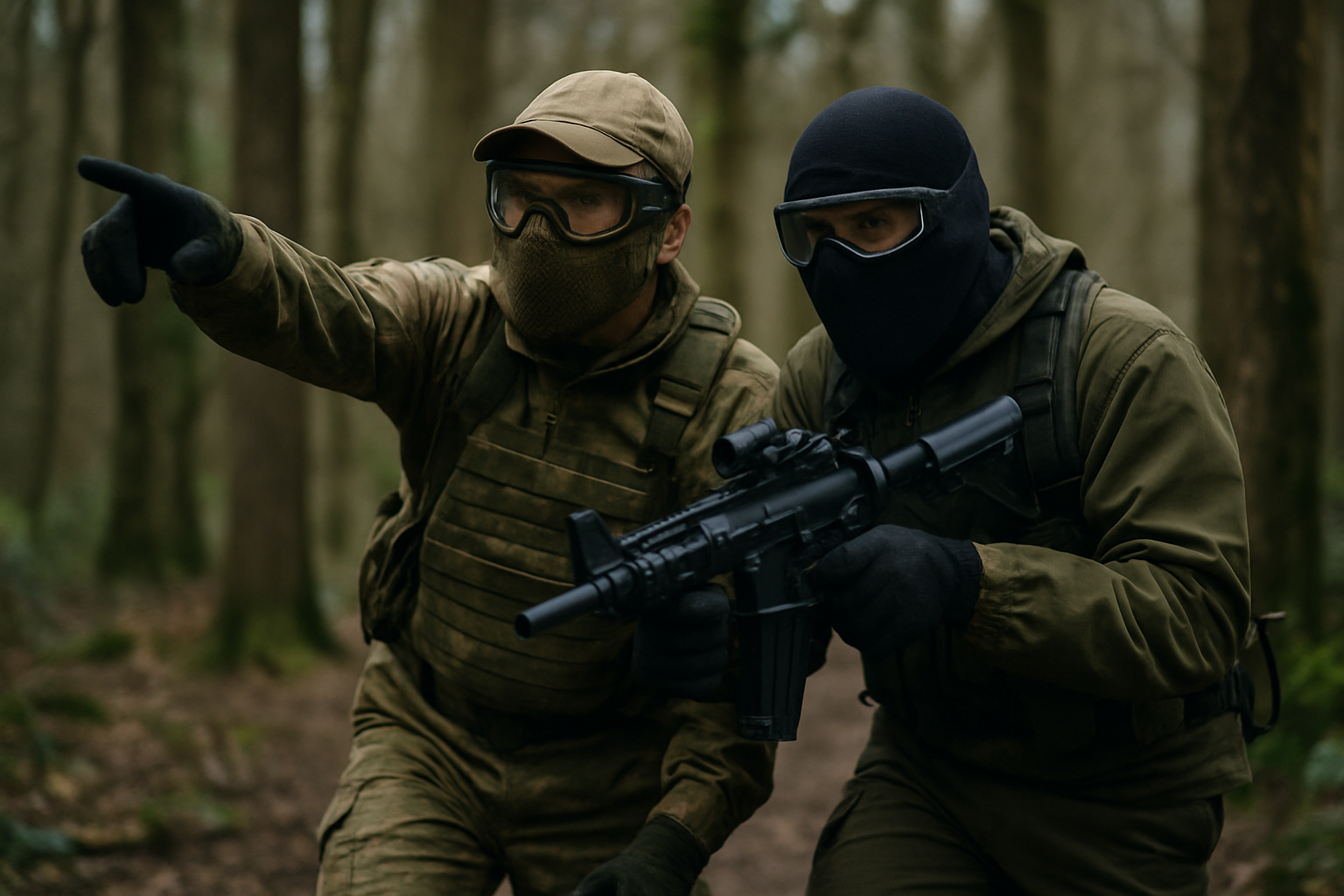 Two airsoft players communicating and pointing while moving together through woodland