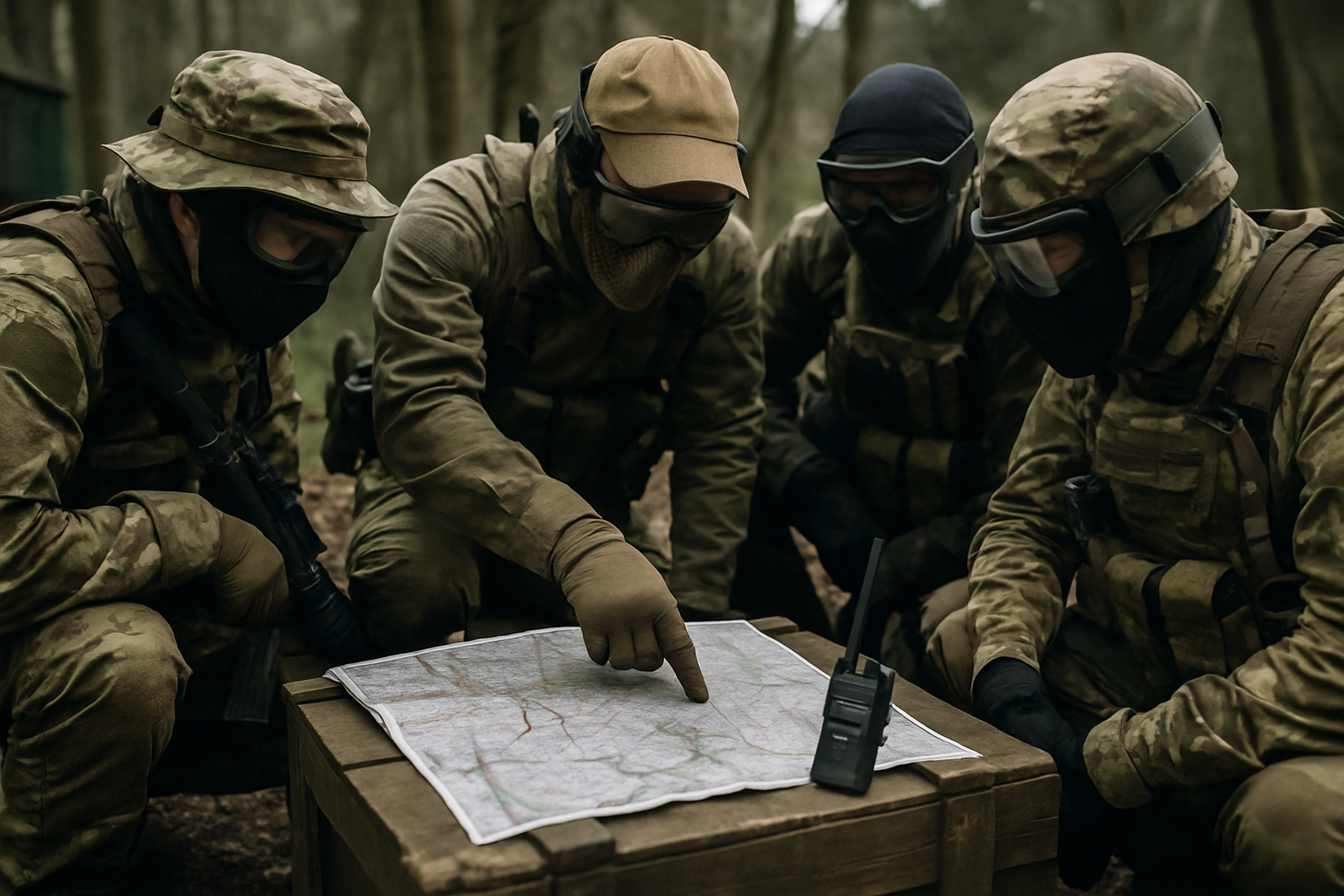 Airsoft milsim players gathered around a map with a radio, planning their next move at a woodland base